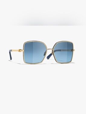 Chanel Square Metal & Calfskin Sunglasses with Blue Lenses